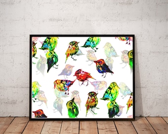 birds art print, birds illustration, psychedelic nature art print, bird wall art, large wall art, multicolor wall art, "bird flock"