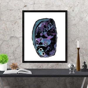 abalone art print, abstract wall art, minimalist art, black white purple blue grey large wall art, abstract oval art &quot;black abalone shell&quot;