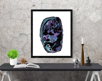 abalone art print, abstract wall art, minimalist art, black white purple blue grey large wall art, abstract oval art "black abalone shell"