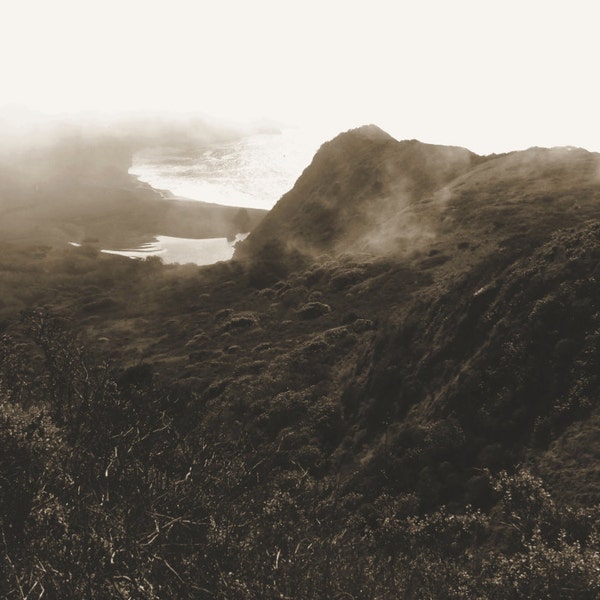 coastal landscape photography print, black white large wall art, moody wall art, Sonoma Coast photo, black white canvas, "sepia ocean mist"