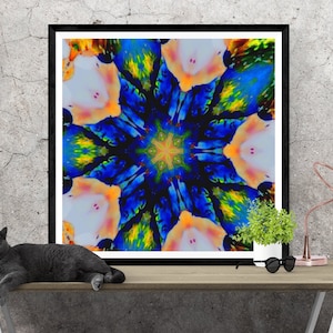 geometric art print, kaleidoscope wall art, abstract contemporary art, psychedelic art, abstract wall art  &quot;blue + peach kaleidoscope&quot;