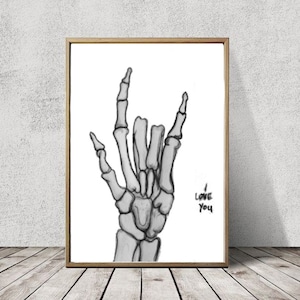 American sign language art, ASL canvas wall art, I love you poster, skeleton art print, sign language decor, sign language gift &quot;I Love You&quot;