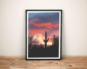 wydruk fotograficzny kaktusa, sztuka ścienna z saguaro, wydruk krajobrazu pustyni, sztuka ścienna z zachodem słońca, sztuka ścienna z pustynią, wydruk artystyczny z kaktusa „różowy zachód słońca z saguaro”
