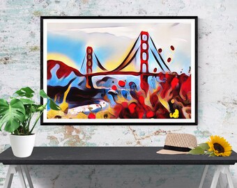 San Francisco art print, psychedelic landscape art, Golden Gate wall art, trippy art, California art "Golden Gate Bridge at Baker Beach"