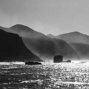 black and white photography, coastal mountains photograph, nature art print, California seascape art, large wall art &quot;Blind Beach Coast&quot;