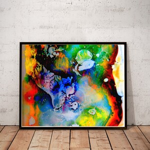 May include: Abstract painting with vibrant colors, including blue, green, yellow, red, and white. The colors are blended and swirled together, creating a dynamic and energetic composition.