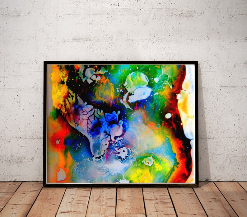 May include: Abstract painting with vibrant colors, including blue, green, yellow, red, and white. The colors are blended and swirled together, creating a dynamic and energetic composition.