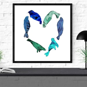 seal art print, heart art print, blue teal sea green large wall art, ocean decor, seal wall art, seal illustration, heart print &quot;seal heart&quot;
