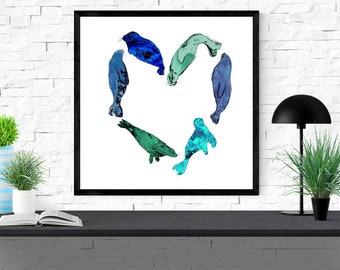 seal art print, heart art print, blue teal sea green large wall art, ocean decor, seal wall art, seal illustration, heart print "seal heart"