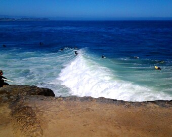 surfing wall art, Santa Cruz California art print, ocean photography, beach decor, blue wall art, surfing art print "Steamer Lane surfers"