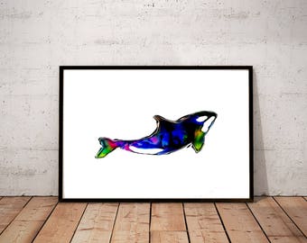 impresión de arte de orca, impresión de ilustración de orca, impresión de ballena de lienzo, decoración de playa de mar de animales oceánicos, arte de pared grande, arte de pared azul "orca azul"