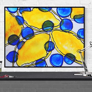 abstract art print, organic shapes illustration, kitchen decor, yellow blue large wall art, abstract wall art&quot;lemons + blueberries&quot;