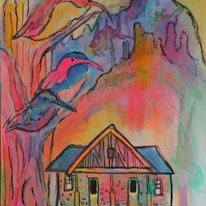cabin illustration, psychedelic art print, birding art print, cabin wall art,  canvas art, colorful nature wall art, &quot;Portal Bunkhouse&quot;