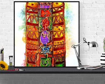 totem pole art print, animal illustration art print, colorful large wall art, spirit animal wall art, canvas art  "spirit animal totem pole"