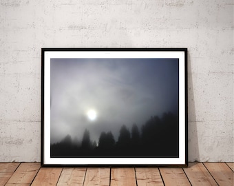 foggy forest photography print, minimal nature print, forest landscape photography, blue grey black large wall art "foggy forest sunrise"