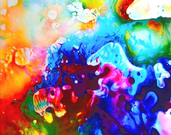 May include: Abstract painting with vibrant colors, including blue, pink, red, yellow, and white. The colors swirl and blend together, creating a dynamic and energetic composition.