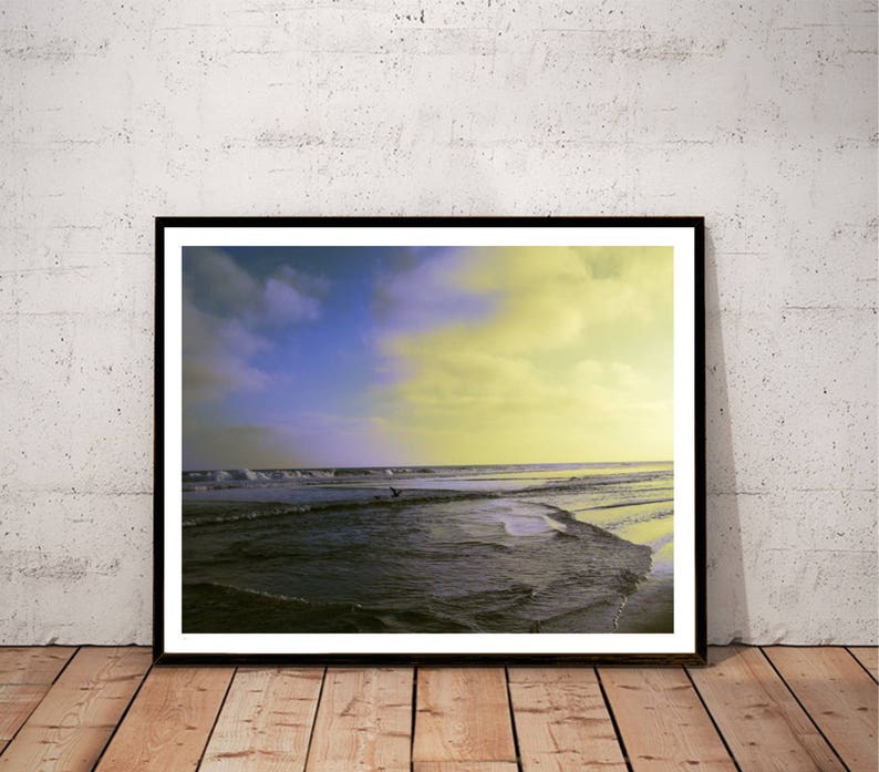 beach photography print, coastal wall art, beach decor, yellow blue large wall art, ocean photography, beach canvas, Newport Beach waves image 1