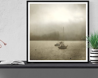 nautical photography, fishing boat art print, Marin California photography print, foggy seascape print, boat art "Tomales Bay fishing boats"