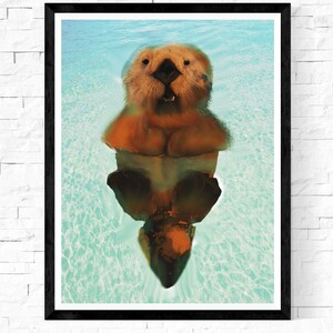 otter print, endangered species art, animal illustration print,  blue decor large wall art, large animal portrait &quot;Southern Sea Otter &quot;