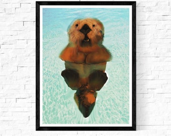 otter print, endangered species art, animal illustration print,  blue decor large wall art, large animal portrait "Southern Sea Otter "