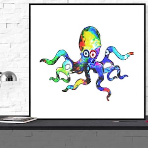 octopus art print, ocean decor, sea animal illustration, canvas print, large wall art, beach decor, cute whimsical art &quot;psychedelic octopus&quot;