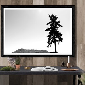 May include: A black and white photograph of a single tree silhouetted against a white sky. The tree is on a small hill. The photograph is framed in a black frame and hanging on a wood wall.