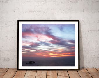 kustlandskapsfotografi, naturväggkonst, solnedgångskonsttryck, blårosa pastellfärgad väggkonst, havsfotografi "Valvklippsolnedgång"