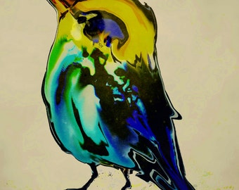 bird art print, yellow green blue large wall art, colorful Bohemian print, nature art print, animal illustration painting "dreamy bird 3"