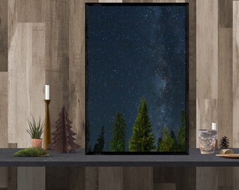 astrophotography print, nature decor, redwood forest art, Milky Way art, blue black large wall art, trees art print "redwoods starry night"