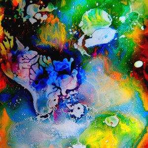 May include: Abstract painting with vibrant colors, including red, orange, yellow, green, blue, and purple. The colors are blended and swirled together, creating a dynamic and energetic composition.
