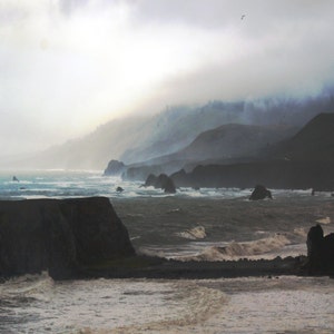 coastal photography print, stormy ocean art, California landscape print, beach wall art, blue grey large wall art &quot;foggy Goat Rock coast&quot;