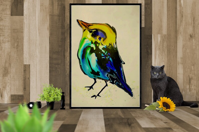 Bird Art Print, Yellow Green Blue Large Wall Art, Colorful Bohemian