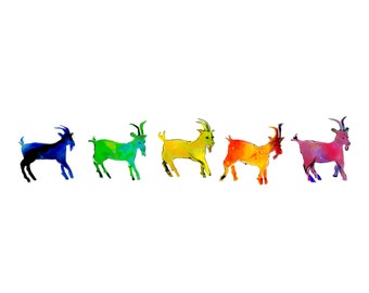 goat art print, farm barn animal illustration drawing print, rainbow color large wall art, goat canvas wall art, cute goat art "five goats"