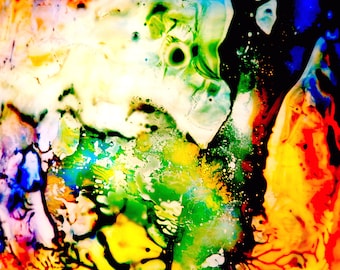 May include: Abstract art painting with vibrant colors, including yellow, orange, green, blue, and white. The colors blend and swirl together, creating a dynamic and energetic composition.