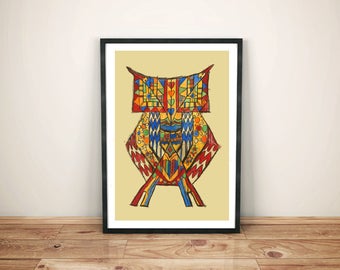 owl art print, folk art, bird illustration art, colorful large wall art,  geometric folk art, owl wall art, canvas print  "Bohemian Owl"