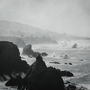 black and white coastal photography, nature art print, California seascape, coastal large wall art &quot;black and white rugged Sonoma coast&quot;