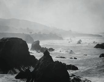 black and white coastal photography, nature art print, California seascape, coastal large wall art "black and white rugged Sonoma coast"