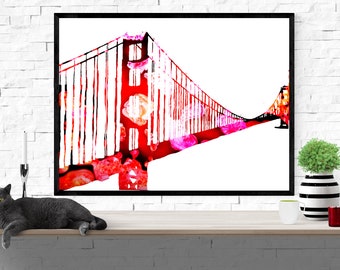 Golden Gate Bridge art print, San Francisco art, bright wall art, red wall art, psychedelic art print, California art, "Golden Gate Bridge"