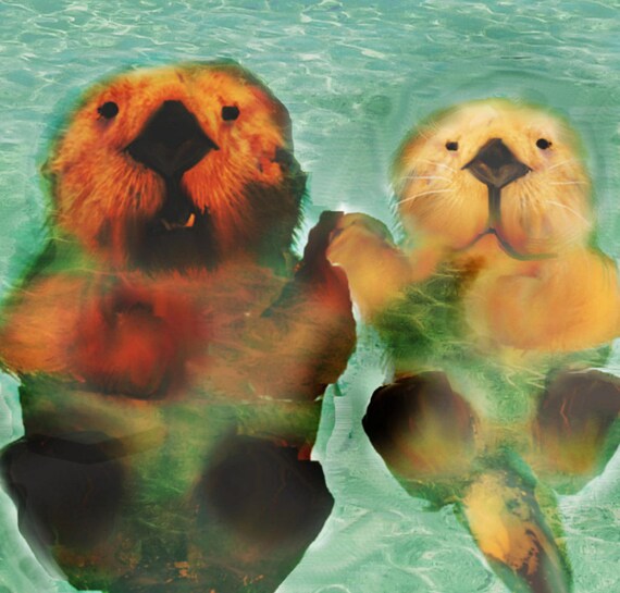 Sea Otter art Painting giclee on Canvas Sea Otters holding hands artwork blue green ocean