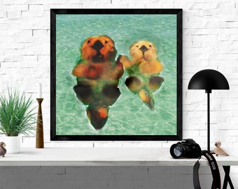 otter art print,  southern sea otter illustration, sea green blue wall art, animal art print, large wall art  "otters holding paws"