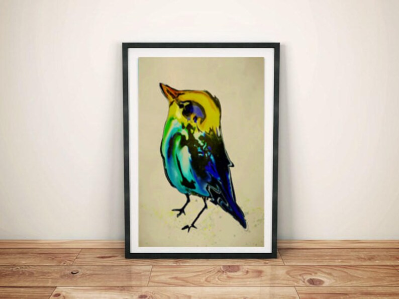 Bird Art Print, Yellow Green Blue Large Wall Art, Colorful Bohemian