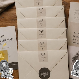 May include: A stack of six cream-coloured envelopes, each sealed with a rectangular label featuring a butterfly icon and the text MONTH 1 through 6. The bottom envelope has a circular sticker with a moth illustration. Accompanying stationery includes printed cards with text and lion imagery.