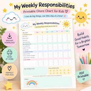 Op de afbeelding: Een printbare takenkaart getiteld My Weekly Responsibilities met secties voor ochtend-, middag- en avondroutines. Het document bevat een zon, wolken en een regenboog, met kolommen voor de dagen van de week en een sterren- en beloningssysteem.