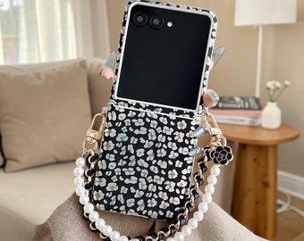 Leopard Print Samsung Galaxy Z Flip Case with Pearl Chain Strap