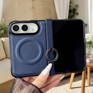iPhone Duo Faux Leather Case with Ring Grip, Slim Foldable Cover (Front Frame)