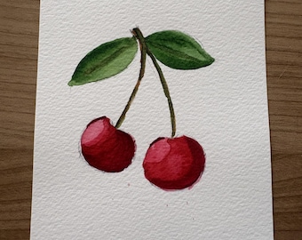Carte aquarelle cerise | aquarelle originale | carte postale peinte main | fait main