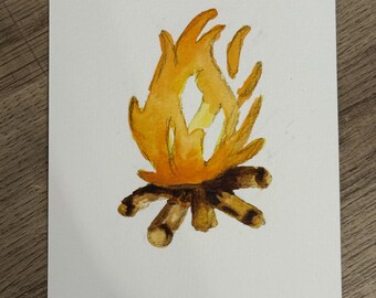Carte aquarelle feu de bois | aquarelle originale | carte postale peinte main | déco automne