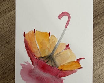 Carte aquarelle parapluie | aquarelle originale | carte postale peinte main | déco automne