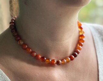 Collier perles agate rouge 10mm | collier pierre naturelle | bijou lithothérapie | idée cadeau Noël fait main