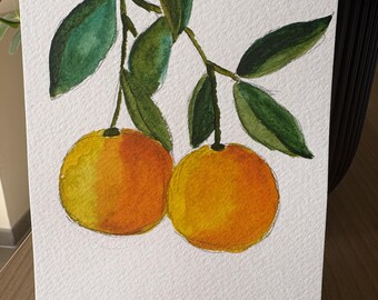 Carte aquarelle mandarine | aquarelle originale | carte postale peinte main | fait main
